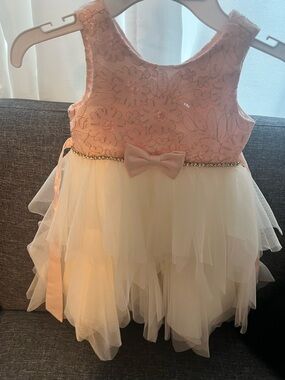 Girls Pink and Cream Tulle Party Dress with Bow